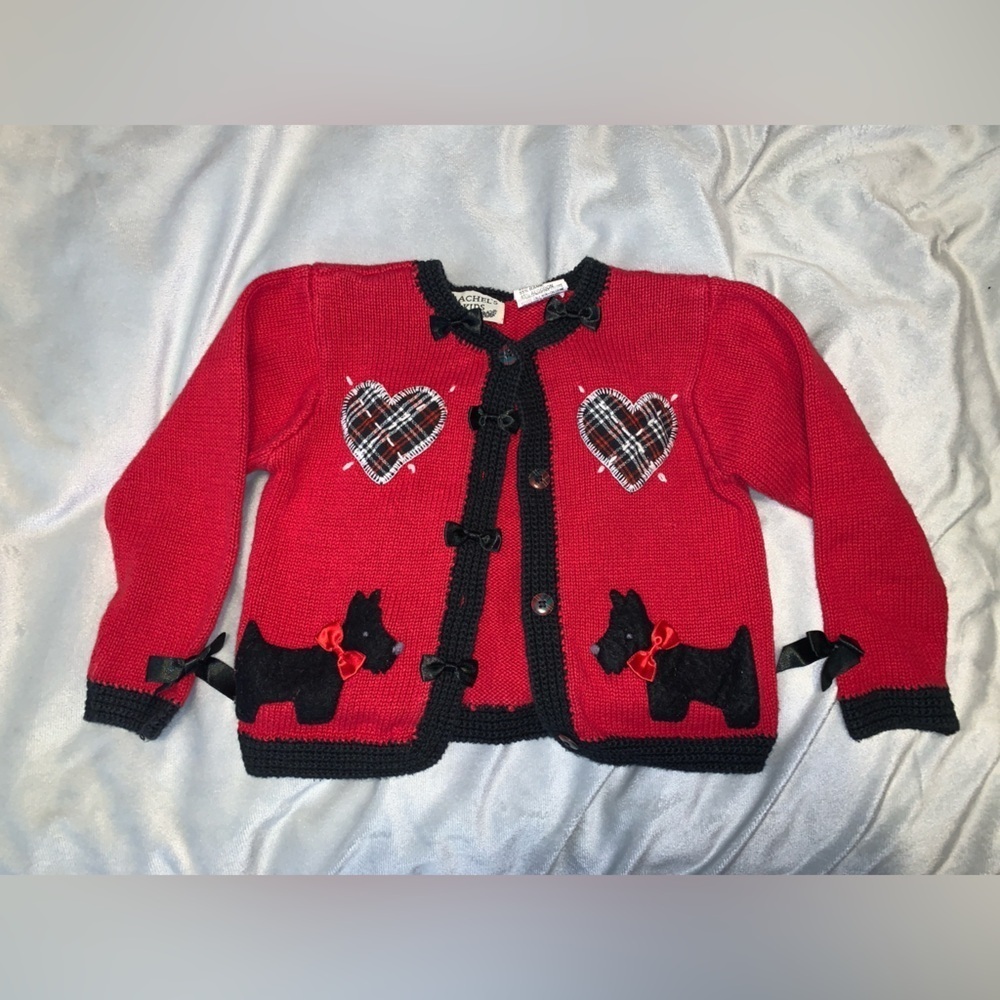 Rachel’s kids Red cardigan Black trim plaid Hearts scottie Dogs sleeve bows 4T